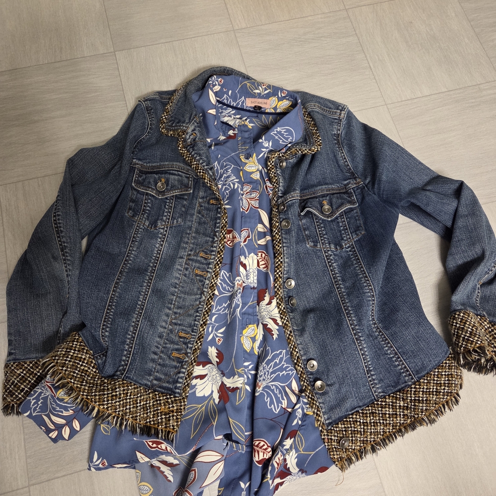 Coldwater Creek Blue Denim Jacket with Brown Plaid Trim